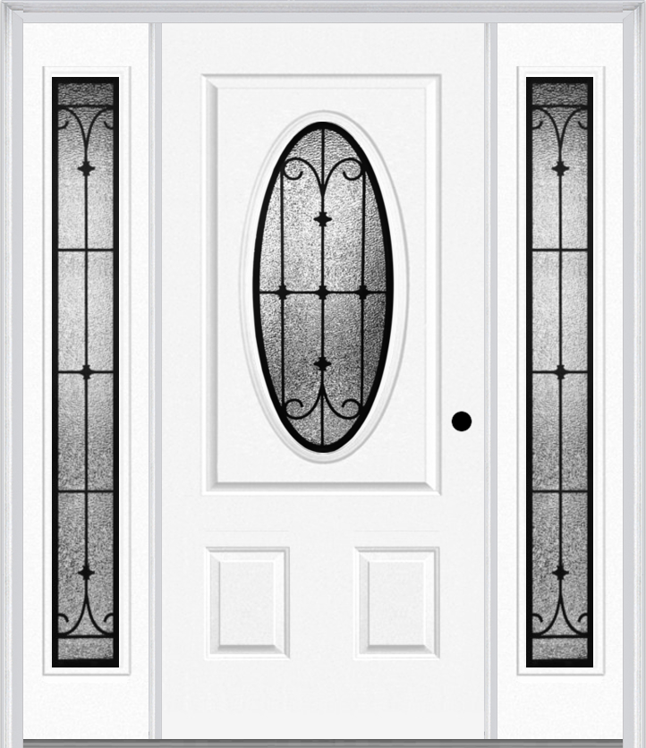 MMI SMALL OVAL 2 PANEL 6'8" FIBERGLASS SMOOTH CHATEAU WROUGHT IRON EXTERIOR PREHUNG DOOR WITH 2 FULL LITE CHATEAU WROUGHT IRON DECORATIVE GLASS SIDELIGHTS 949